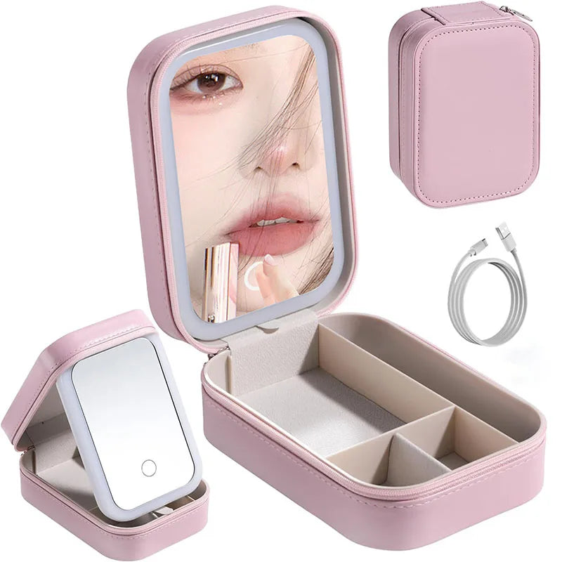 LED Makeup Bag With Mirror For Women Portable Cosmetic Storage Bag Small Lipstick Brush Wireless Makeup Box With Light