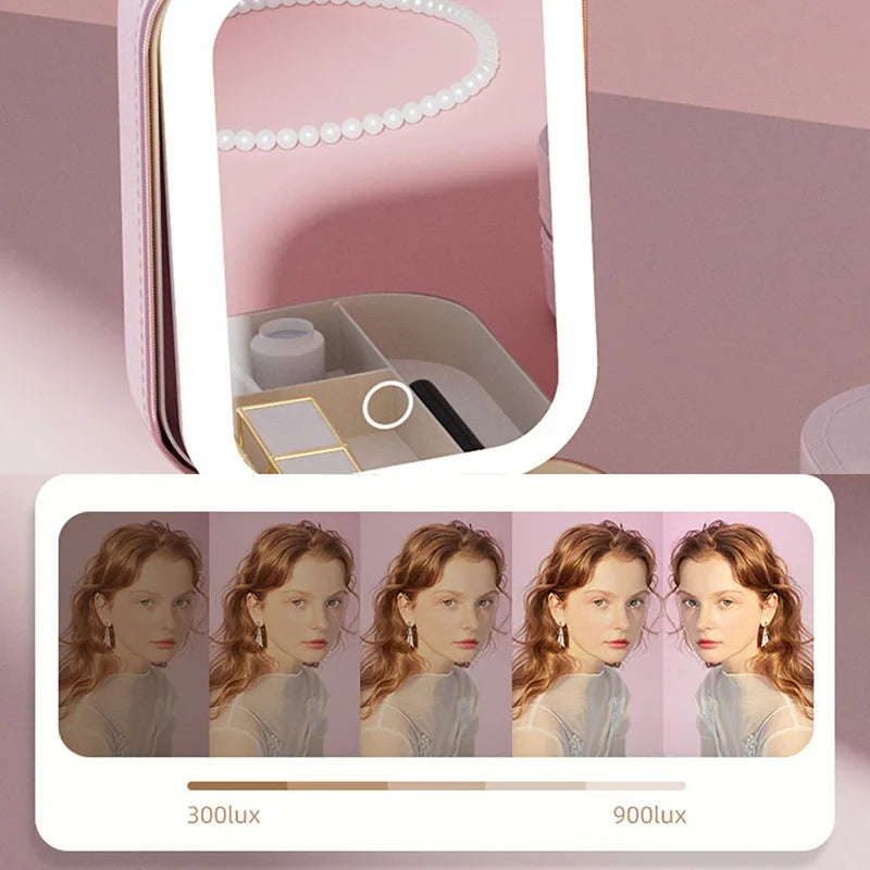 LED Makeup Bag With Mirror For Women Portable Cosmetic Storage Bag Small Lipstick Brush Wireless Makeup Box With Light