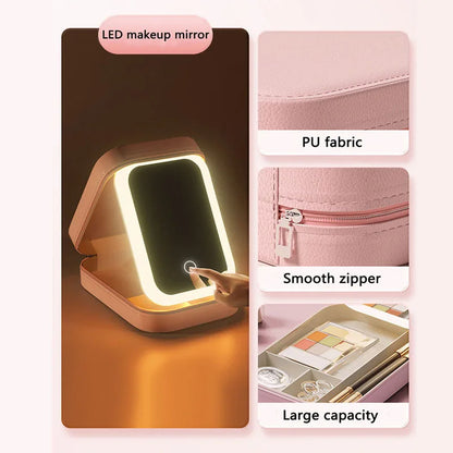 LED Makeup Bag With Mirror For Women Portable Cosmetic Storage Bag Small Lipstick Brush Wireless Makeup Box With Light